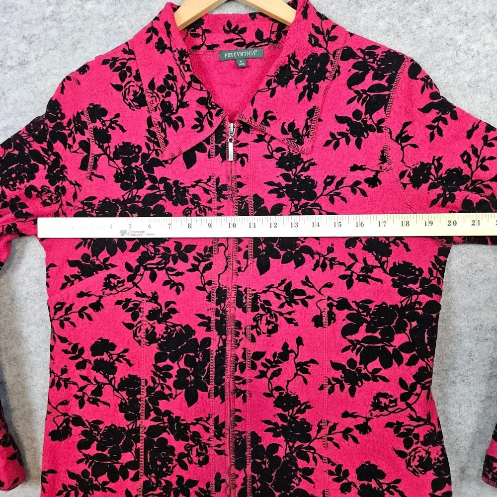 For Cynthia Womens Pink & Black Floral Print Wool Blend Zip Up Cardigan Size M